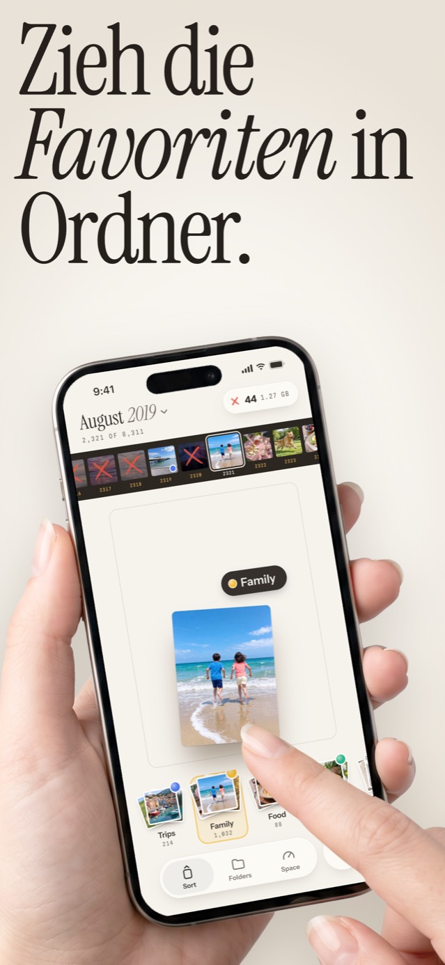 Zieh die Favoriten in Ordner: ein Strandfoto landet auf dem Stapel Family