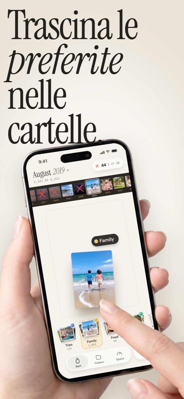 Trascina le preferite nelle cartelle: una foto al mare lasciata sulla pila Family