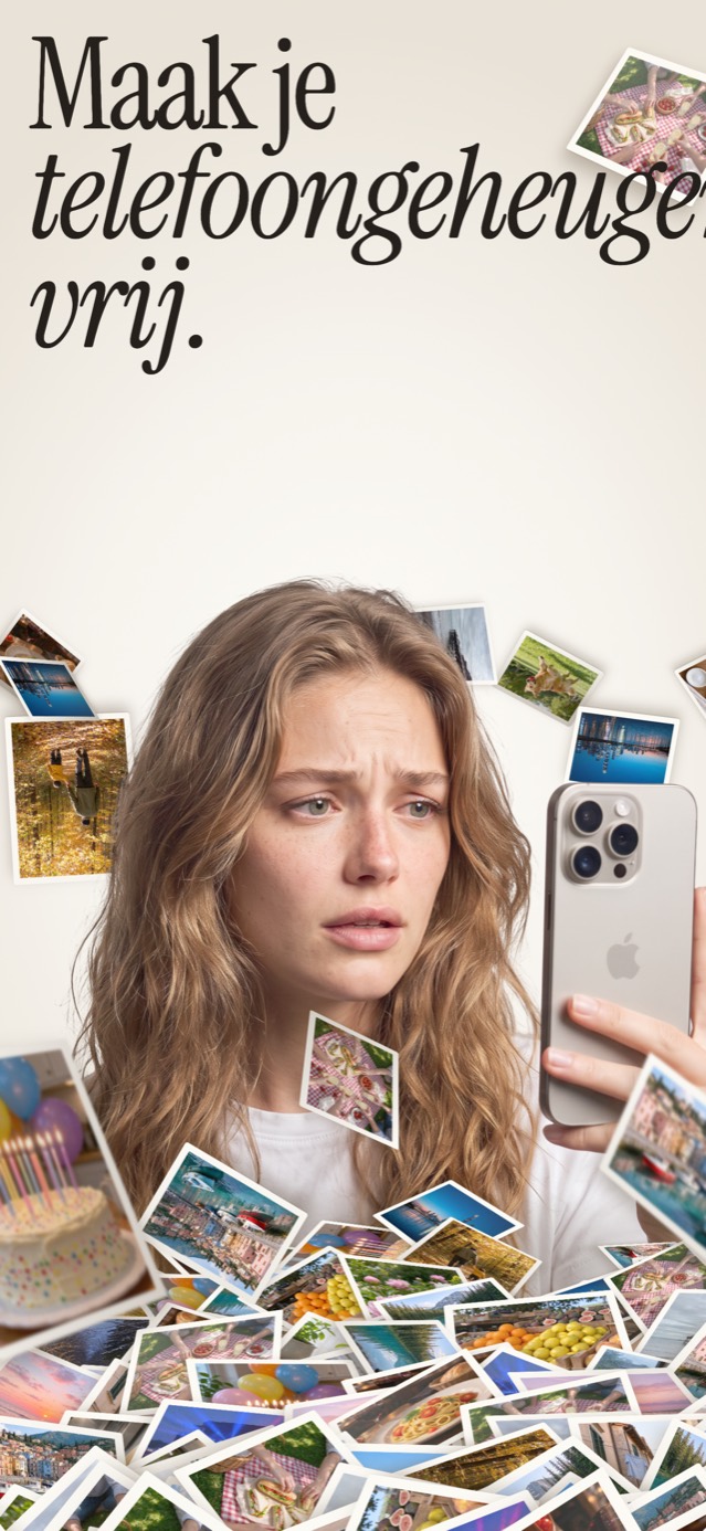 Maak je telefoongeheugen vrij: een vrouw in een berg fotoafdrukken
